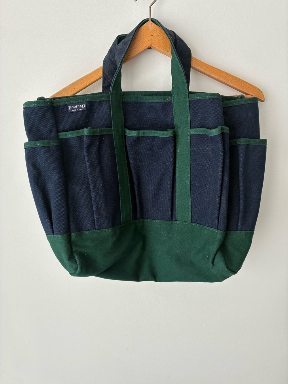 Vintage Lands’ End Garden Tote Bag Navy Green 90s Made in USA Canvas